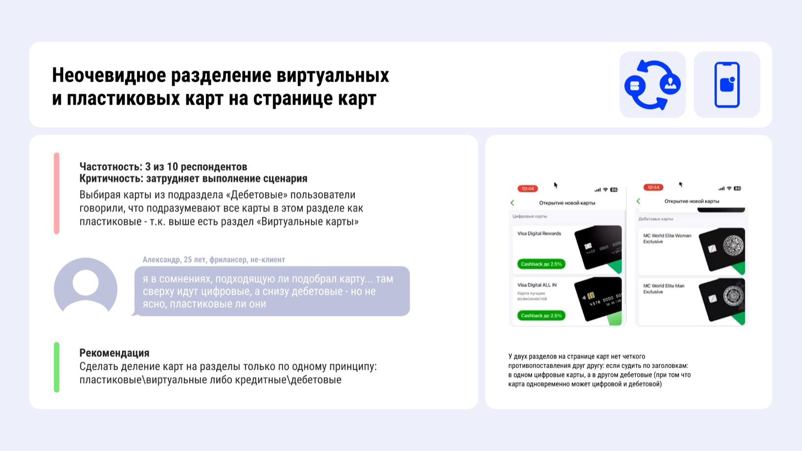 Это скриншот из итогового отчета для одного из клиентов AI/UX Lab. Здесь отражены результаты проверки гипотезы с комментариями респондентов и рекомендациями по улучшению пользовательского опыта.